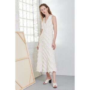 Rebecca Taylor Bias Fringe Cream V-Neck Sleeveless Midi Dress Women’s Size 4